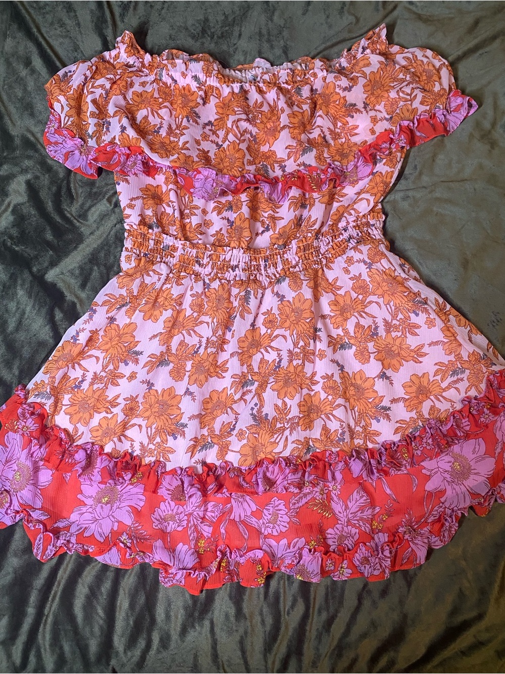 Jessica Simpson Pink and Orange Floral Off-Shoulder Dress